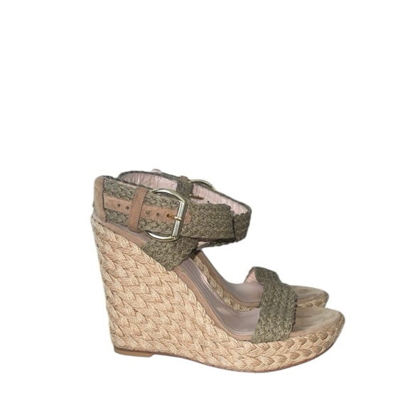 Stuart Weitzman Alexis Swamp Crochet Muted Green Khaki Wedge Sandals‎ Size 9 - Picture 2 of 10